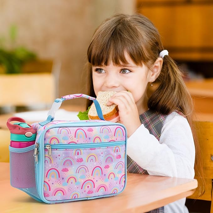 Bagseri Lunch Bag for Girls - Kids Lunch Box Insulated Leak-Proof and Reusable Lunch Box for Girls Toddler Lunch Bag for Daycare and School, Pink Rainbow (Water Bottle Not Included)