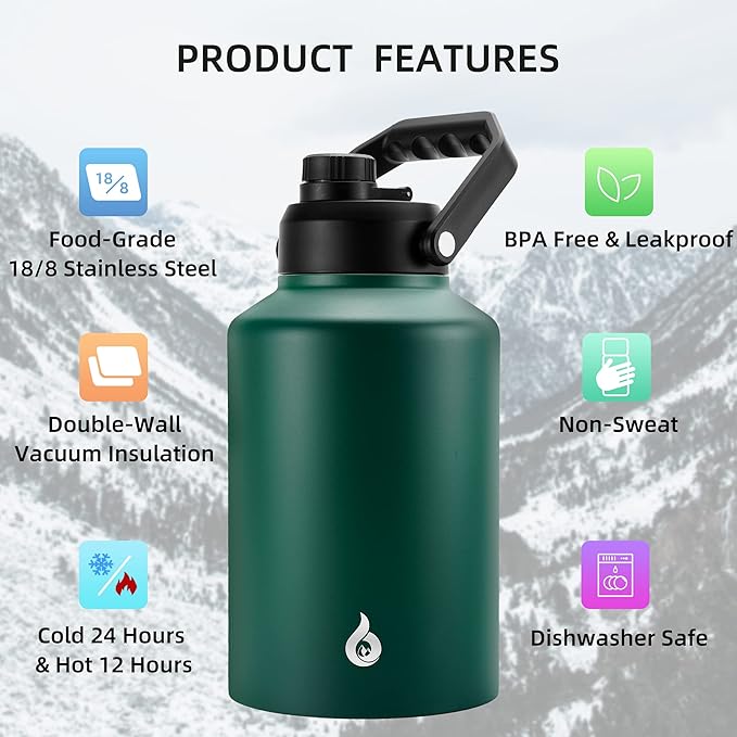 BJPKPK One Gallon(128 oz) Insulated Water Bottle, Dishwasher Safe Stainless Steel Thermo, BPA Free Jug with Ergonomic Handle & Anti-slip Bottom, Large Water Bottle, Army Green