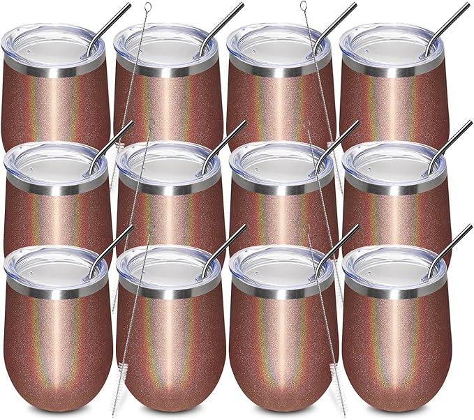 MEWAY 12oz/12 Pack Wine Tumbler Glasses with Lid - Stemless Double Wall Vacuum Stainless Steel Glitter Tumbler - Keeping Cold & Hot Cup for Coffee,Gift for Women(Rainbow Rose Gold,Set of 12)