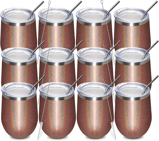 MEWAY 12oz/12 Pack Wine Tumbler Glasses with Lid - Stemless Double Wall Vacuum Stainless Steel Glitter Tumbler - Keeping Cold & Hot Cup for Coffee,Gift for Women(Rainbow Rose Gold,Set of 12)