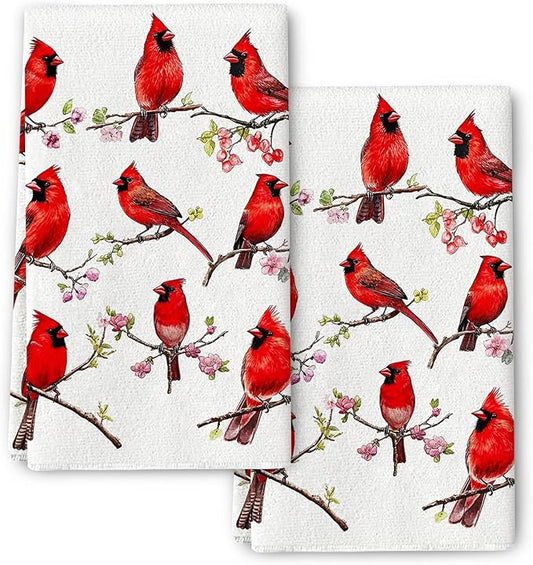 Red Cardinal Kitchen Towels Set of 2 Christmas Dish Towels Absorbent Tea Hand Towel for Baking Cooking, Cardinal Lovers Gifts for Women, Winter Kitchen Christmas Decor