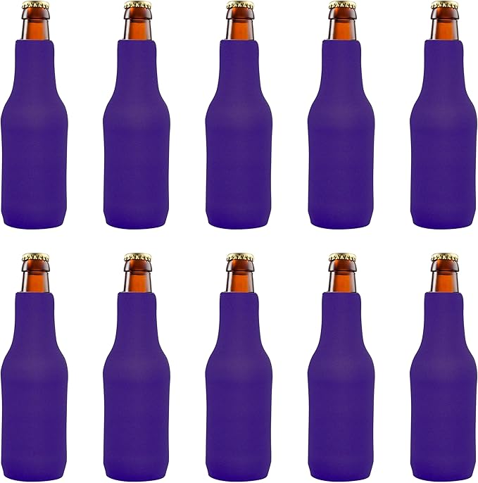 10 Neoprene Zippered Beer Bottle Coolies Pack - Sharkskin Rubber Bottom - Purple