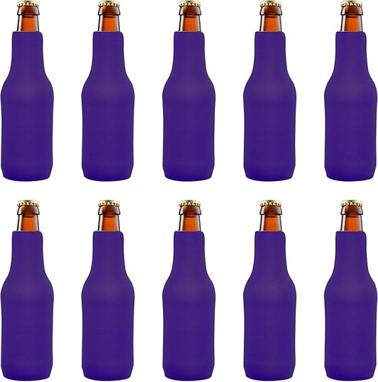 10 Neoprene Zippered Beer Bottle Coolies Pack - Sharkskin Rubber Bottom - Purple