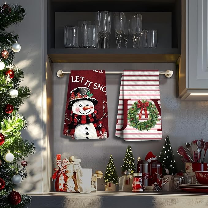 Christmas in July， Christmas Kitchen Towels, Christmas Dish Towels Set of 2,Let It Snow Tea Towels for Kitchen,Christmas Hand Towels for Bathroom,Gifts for Women,16×24