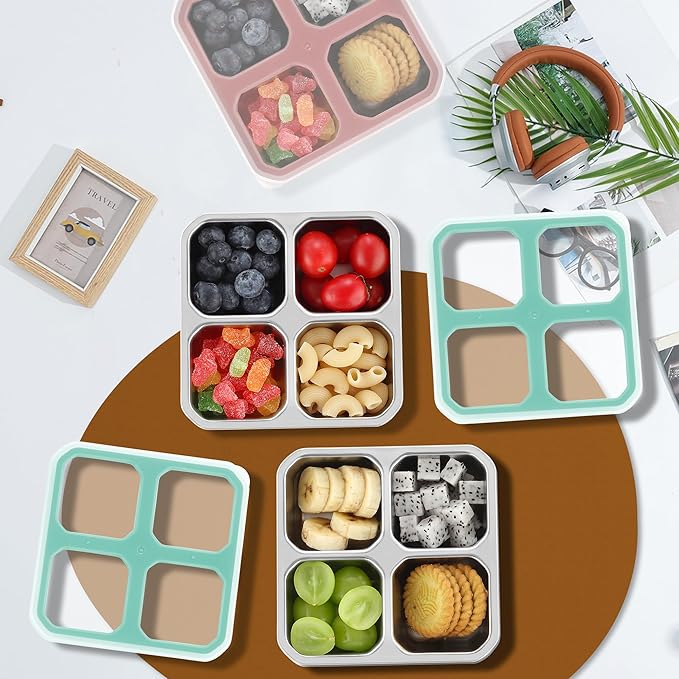 4 Pack Stainless Steel Snack Containers with Lids 4 Compartment Food Storage Containers for Adults Meal Prep Reusablele for work or going out. (BLUE, 4)