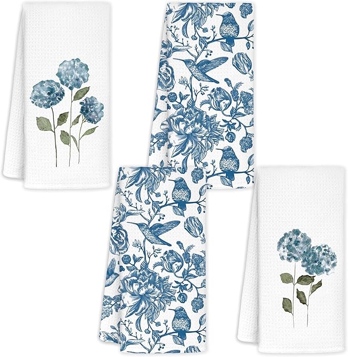 Blue Hydrangea Chinoiserie Floral Kitchen Towels Set of 2 - Summer Flowers Decorative Hand Towels for Bathroom, Blue Hydrangea Gifts, 16x24
