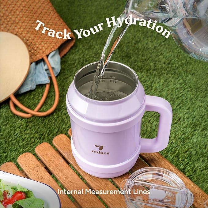 Reduce Reusable 50 oz Cold1 Water Tumbler – Ergonomic Handle – Double-Wall Insulation –Sturdy Desktop/Tabletop Mug with Lid and Straw – BPA-Free – Stainless Steel for Gym, Home, or Office–Mineral Blue