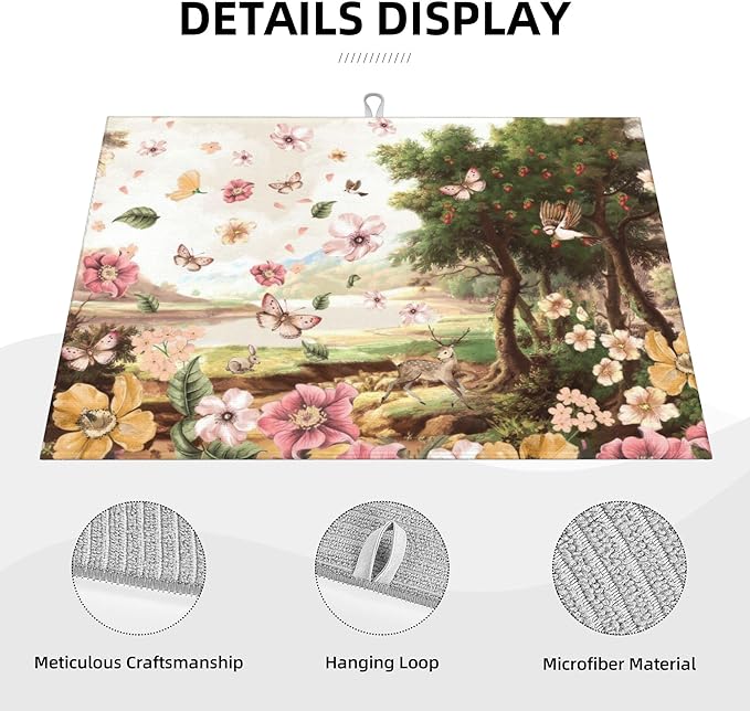 Retro Country Woods Deer Dish Drying Mat 18x24 Inch, Microfiber Absorbent Fast Dry Mat Flowers Butterfly Large Dish Mat Drying Kitchen Mat, Kitchen Drying Pad for Kitchen Counter Coffee Bar Decor