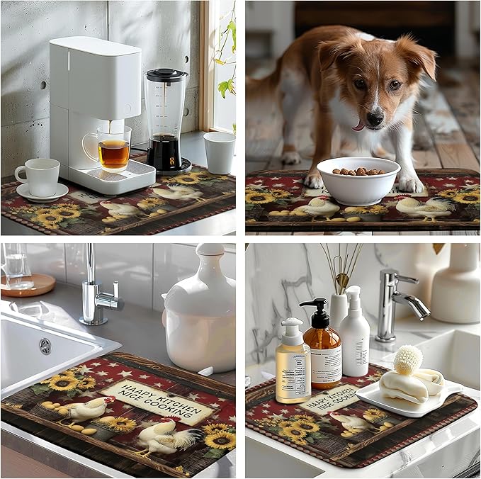 Vintage Rooster Dish Drying Mat Farmhouse Summer Sunflower Kitchen Dish Drying Pad Absorbent Fall Dish Dryer Mat for Kitchen Countertops Microfiber Dishes Drainer Pad Dish Drying Rack Mat (18x24 in)