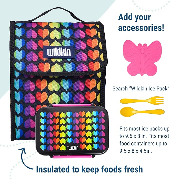 Wildkin Kids Insulated Lunch Bag – Reusable, Ideal for Hot/Cold Snacks, School & Travel - Rainbow Hearts
