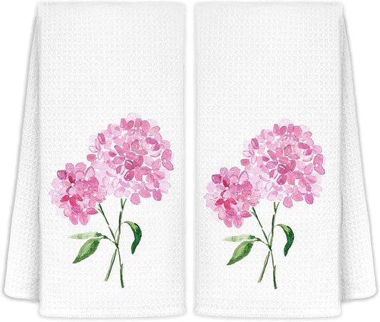 Pink Hydrangea Floral Hand Towels for Bathroom Spa Gym, Rustic Kitchen Towels Hydrangea Botanical Dish Tea Towels for Kitchen Decor, 16x24 Inch Set of 2