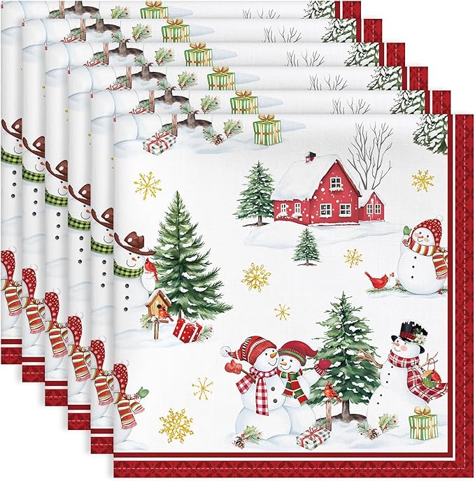 Christmas Snowman Napkins, 18×18 Inch Dinner Cloth Napkins Set of 6, Washable Cotton Soft Absorbent Square Table Top Decoration for Dining Kitchen Party Wedding