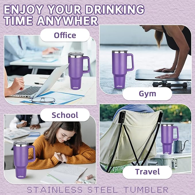 40 oz Insulated Coffee Mug with Ceramic Coating, Stainless Steel Travel Mug Tumbler with Handle Lid and Straw, Double Wall Leak-Proof Coffee Travel Mug Keeps Drink Hot and Cold (Purple)