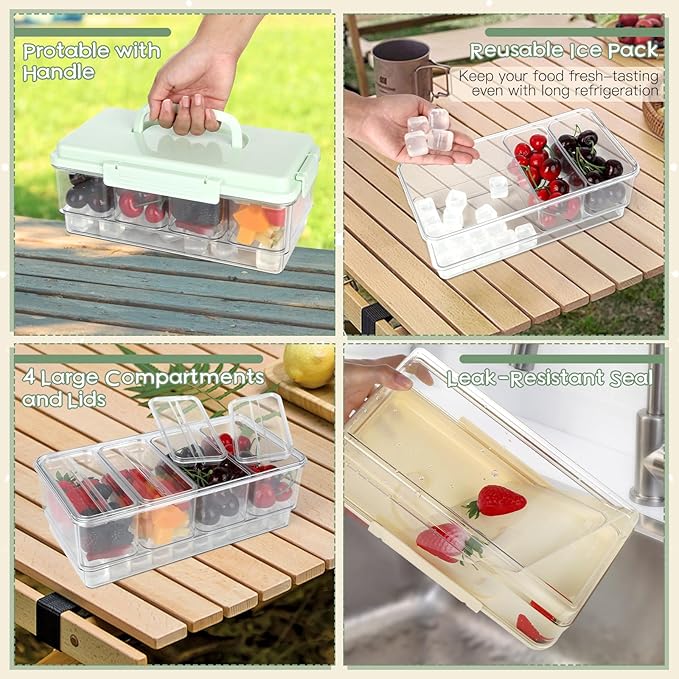 2 Pack Snackle Box Container with Ice Pack Snackle Box Container 4 Compartment Chilled Portable Divided Serving Tray Portable Travel Snack Organizer,Snack Box for Fruits Veggies, Keep Food Cold