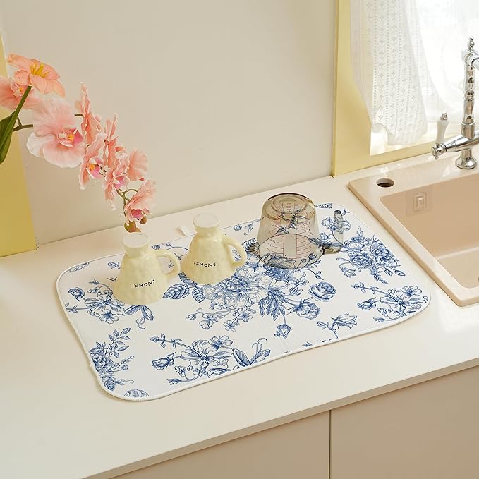 Blue Floral Dish Drying Mats 18x24 Inch Blue and White Chinoiserie Flower Drying Mats Seasonal Vintage Decorative Coffee Bar Mat Absorbent Fast Drying for Kitchen Dining Room Decor