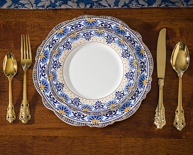 ACMLIFE 12-Piece Bone China Dinnerware Set, Blue and White Vintage Floral Dinnerware Set Service for 4, Lightweight Plates and Bowls Set with Gift Box (Blue-B)