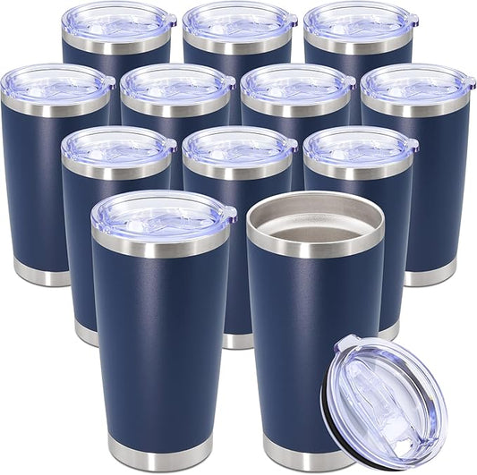 20oz Tumbler Bulk Stainless Steel Tumbler Cup with Lid Vacuum Insulated Double Wall Travel Mug, Durable Powder Coated Travel Coffee Tumbler Mug for Hot & Cold Drinks, Navy,12 Pack