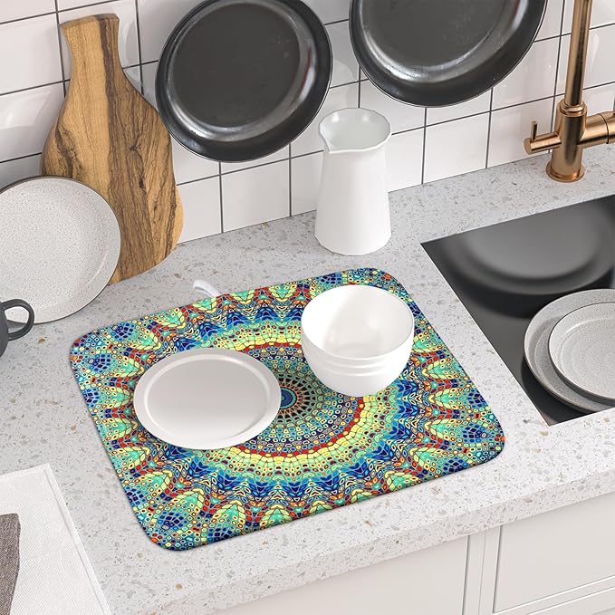 Bohemian Dish Drying Mats for Kitchen Counter 16×18 Inch Boho Mandala Ethnic Small Microfiber Drying Mat Kitchen Accessories Dish Rack Mat Drainer Pad Washable Absorbent