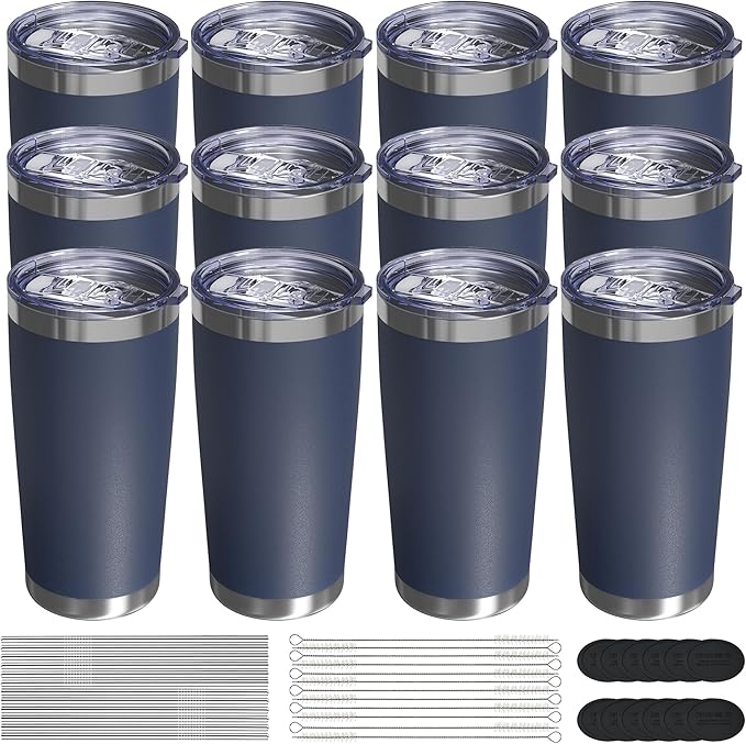 Travel Coffee Tumbler 20oz, 12 Pack Leakproof Travel Coffee Mug with Lid and Straw, Stainless Steel Double Wall Vacuum Insulated Tumbler for Hot/Iced Drinks (Textured Matte, Navy Blue)