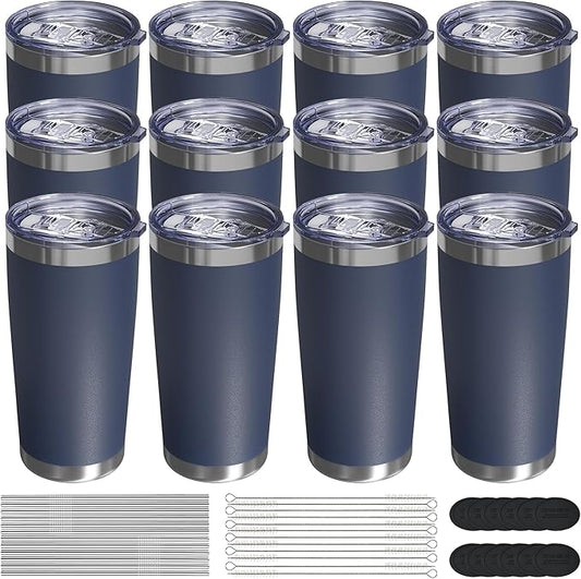 Travel Coffee Tumbler 20oz, 12 Pack Leakproof Travel Coffee Mug with Lid and Straw, Stainless Steel Double Wall Vacuum Insulated Tumbler for Hot/Iced Drinks (Textured Matte, Navy Blue)