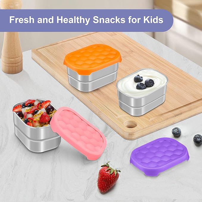 TeamFar 3 Pcs Stainless Steel Snack Containers for Kids, 8 OZ Small Food Container with Silicone Lid Easy Open Leak Proof, Metal Toddler Lunch Bento Box for Child Daycare School, MultiColor