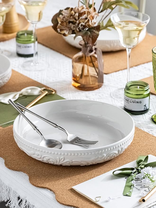 YHOSSEUN Ceramic Pasta Bowls Set of 4, 50 OZ Large Salad Serving Bowl, 9.75" Pasta Plates Shallow Bowl Plate, Microwave Dishwasher Safe, Embossed Morning Glory