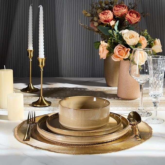 E-far 24-Piece Stoneware Dinnerware Sets, Plates and Bowls Sets for 8, Kitchen Modern Dinning Porcelain Dishes Set, Chip & Scratch Resistant, Dishwasher & Microwave Safe, Caramel Khaki