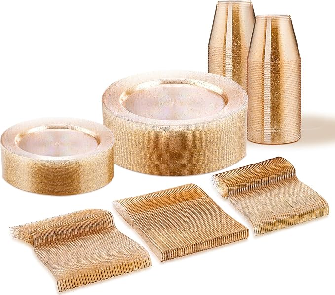150 PCS Gold Glitter Disposable Dinnerware Set for 25 Guests, Plastic Plates for Party, Including 25 Dinner Plates, 25 Salad Plates, 25 Cups, 25 Forks Knives Spoons for Wedding and Party Supplies