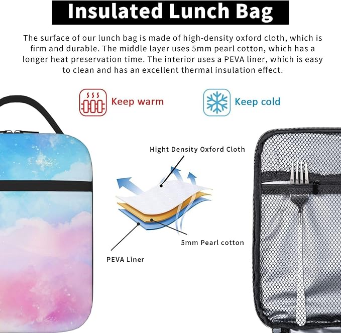 SUPLUCHOM Lunch Bag Pastel Blue Pink Color Insulated Box Reusable with Side Pocket for Girl Boy Women Men Work School Picnic Hiking Daytrip Over 3 Years Old