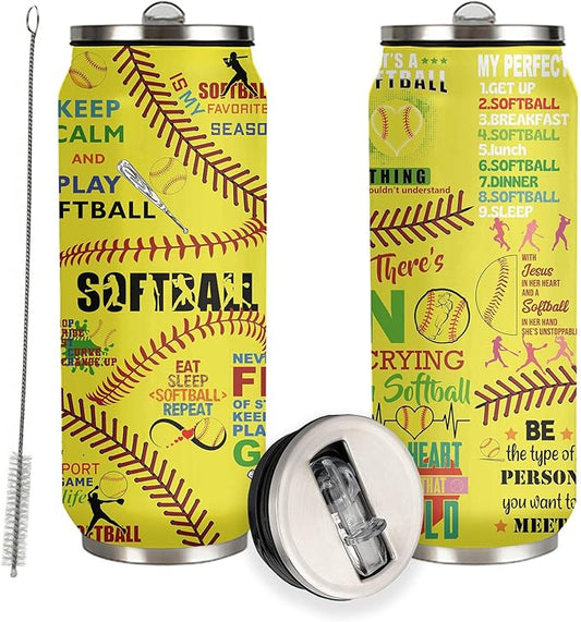 Softball Tumbler Cup With Lid - Travel Mug, Birthday Gift for Softball Lovers - Stainless Steel Vacuum Coffee Cup for Women Men, 17 Oz