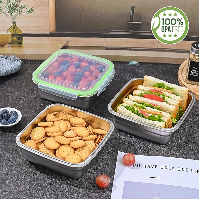 2 Pack Sandwich Containers, 40oz Stainless Steel Sandwich Box with Airtight Lids, Reusable Metal Meal Prep Lunch Boxes, BPA-Free, Dishwasher Safe, Large Capacity Food Storage Containers (Green)