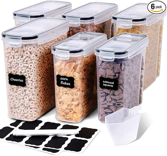 Cereal Containers Storage Set - 6 Piece Airtight Large Dry Cereal Storage Containers(4 * 4L+2 * 2.5L), BPA Free Dispenser Plastic Cereal Storage Containers with 16 Labels & Pen