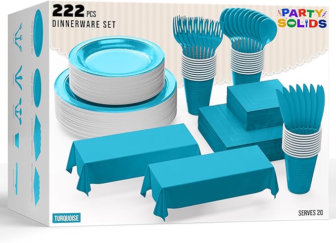 222 Pcs Turquoise Paper Plates and Napkins Sets, Disposable Plates For Party, Lunch & Cocktail Napkins Paper, 18oz Plastic Cups, Cutlery and Turquoise Table cloth Plastic Dinnerware Set