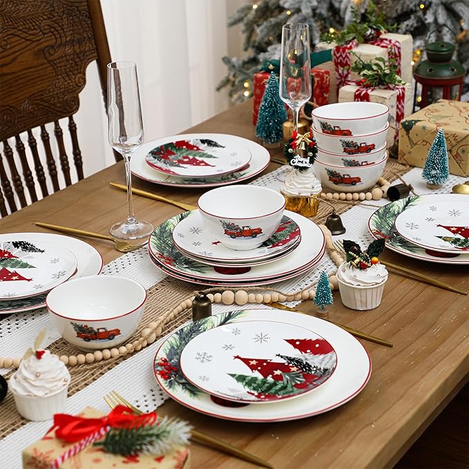 LemonRoad 18 Pcs Christmas Dinnerware Set Serve for 6 Guest Ceramic Christmas Dishes Xmas Tableware Collection Holiday Plates and Bowls Set for Festive Party Kitchen Decoration