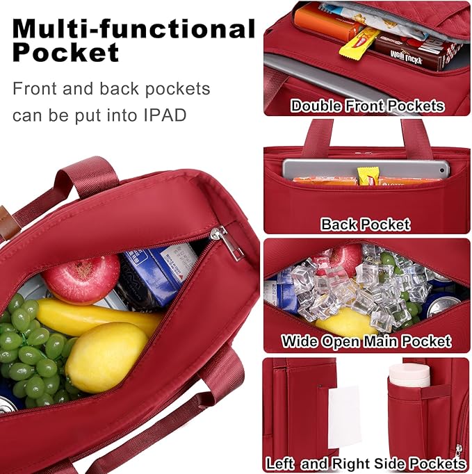 AIJIEKE Insulated Lunch Bag for Women, Lunch Box, Lunch Tote for Work, Large Leak Proof Cooler Bag with Removable Strap, Reusable Adult Lunchbag, Picnic, Office, Beach, Red