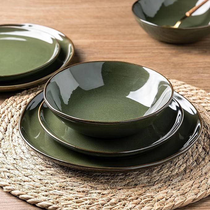 AmorArc Ceramic Dinnerware Sets,Handmade Reactive Glaze Stoneware Plates and Bowls Set,Highly Chip and Crack Resistant Dishware | Dishwasher & Microwave Safe Dishes,Service for 4(12Pcs)