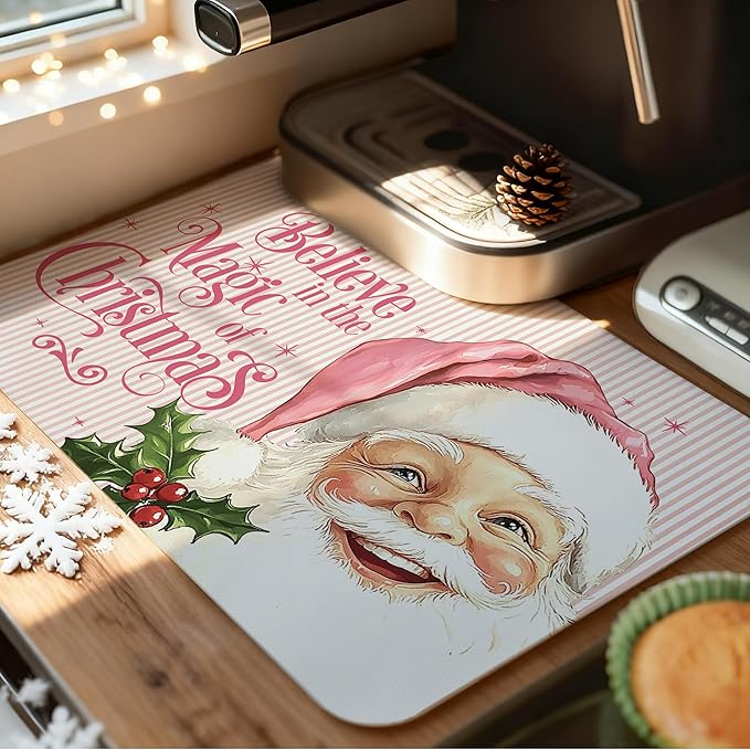 Pink Christmas Santa Dish Drying Mat, Preppy Xmas Coffee Bar Mat for Countertops, Believe in the Magic of Christmas Absorbent Dish Drying Mats for Kitchen Counter Coffee Maker, 16x24 Inch