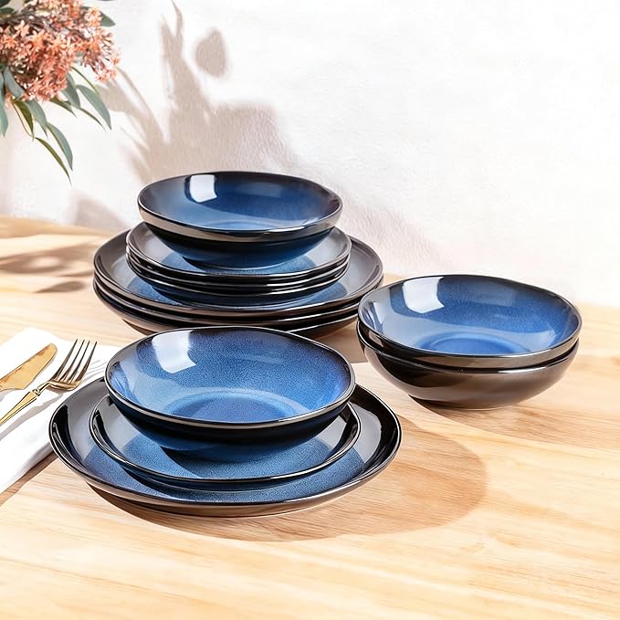 LeRatio Ceramic Dinnerware Sets for 4,Wavy Reactive Glaze Stoneware Plates and Bowls Sets,Highly Scratch Resistant | Dishwasher & Microwave,Oven Safe Dishes Set(12PCS)
