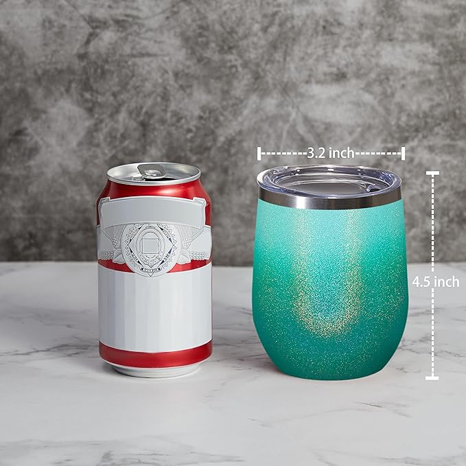 MEWAY 12oz/12 Pack Wine Tumbler Glasses with Lid - Stemless Double Wall Vacuum Stainless Steel Glitter Tumbler - Keeping Cold & Hot Cup for Coffee,for Women(Gradient Blue,Set of 12)