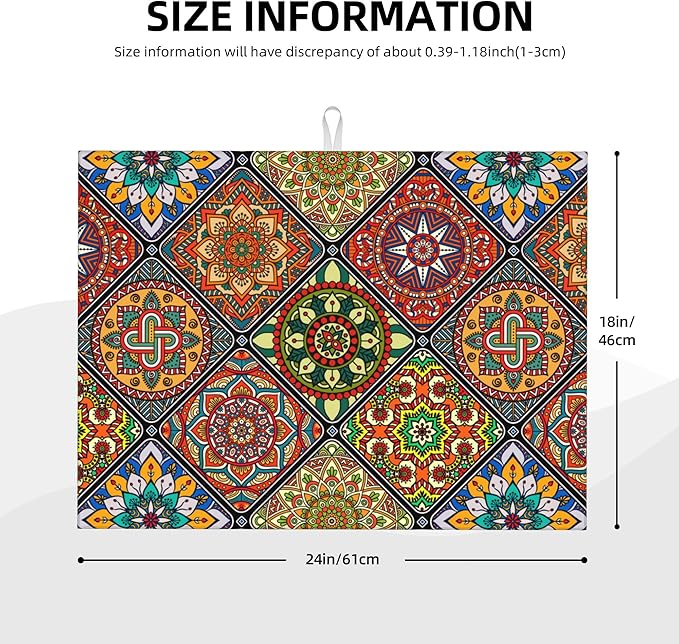 Retro Dish Drying Mat for Kitchen Counter Mandala Colorful Dish Drainer Rack Mats Boho Decor Washable Absorbent Reversible Microfiber Drying Pad Kitchen Accessories 18"x24"