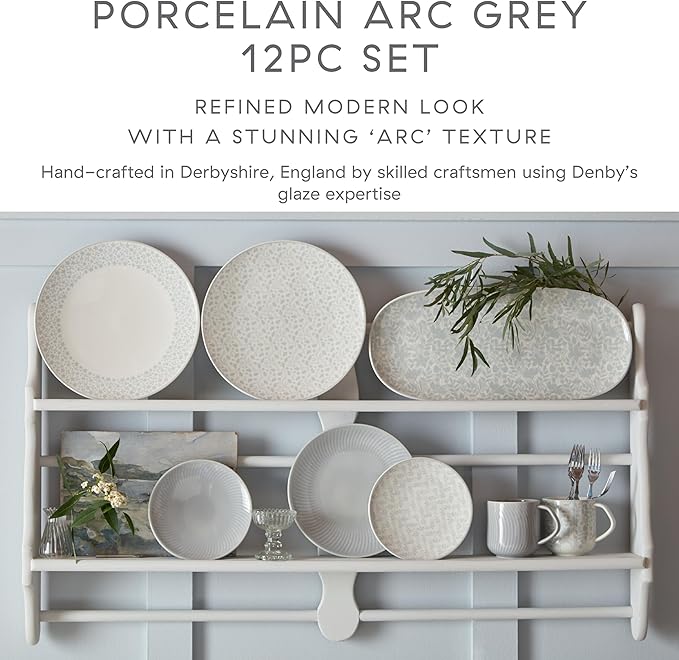 Denby - Arc Grey Porcelain Dinner Set For 4-12 Piece Textured Tableware Set For Any Occasion - Dishwasher Microwave Oven Safe - Scratch Chip Resistant