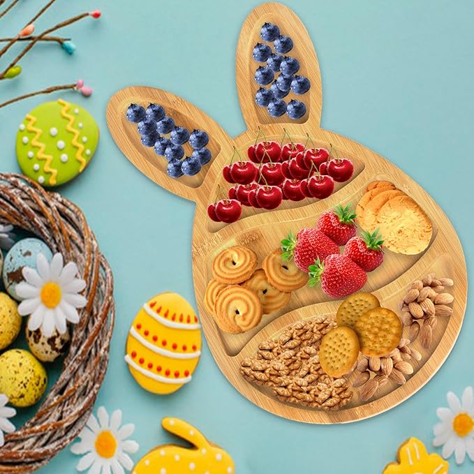 Wooden Bunny Plate, Easter Candy Dish Tray Platter Serving Dishes, Reusable Bunny Charcuterie Board, Funny Easter Party Decorations Bunny Decor (15.4"x9.3"x0.6")