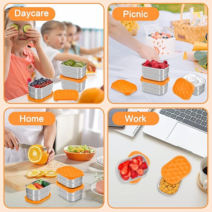 TeamFar 3 Pack 8oz Stainless Steel Snack Containers, Food Container with Silicone Lid Easy Open Leakproof, 8 oz Metal Toddler Kid Lunch Bento Box for Daycare Home Work Picnic, Orange