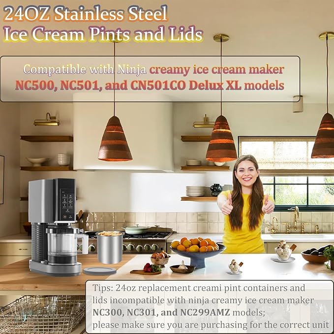 Stainless Steel Fit for ninja Creami Deluxe Containers– 4 Pack, 24 oz, Compatible with Ninja Creami CN501CO,NC501, NC500 Delux XL Series, Silicone Lids, BPA-Free, Dishwasher Safe, 5 Years Warranty