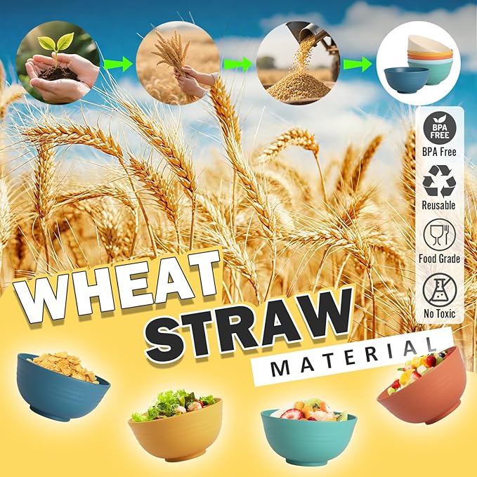Wheat Straw Bowls, 26 OZ Cereal Bowls Set of 6, Unbreakable Salad and Soup Bowls for Kitchen, Microwave & Dishwasher Safe Bowl Set, Plastic Camping Bowl - Multi