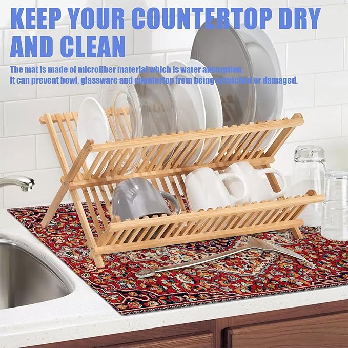 Boho Vintage Ethnic Dish Drying Mat for Kitchen Counter Persian Original Tribal Drying Pad Absorbent Dish Drainer Rack Mats Draining Pad