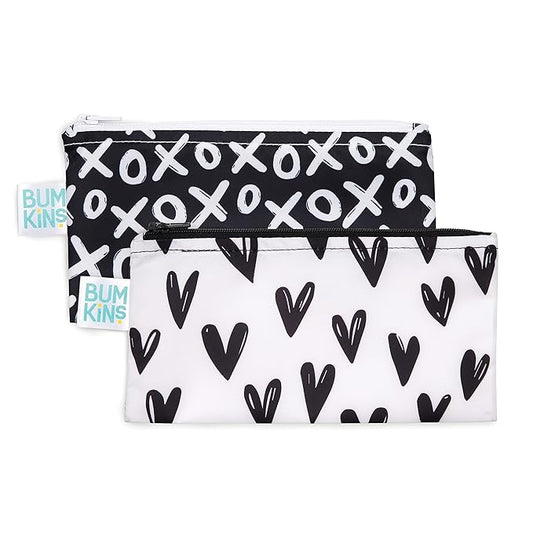 Bumkins Reusable Snack Bags, for Kids School Lunch and for Adults Portion, Washable Fabric, Waterproof Cloth Zip Bag, Supplies Travel Pouch, Food-Safe, 2-pk Hearts and XOXO