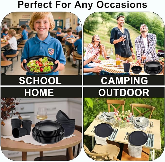 supernal 24pcs Wheat Straw Dinnerware,Unbreakable Dinner Plates Set,Microwave Dishwasher Safe,Black Reusable Plates for Picnic,Birthday,Camping