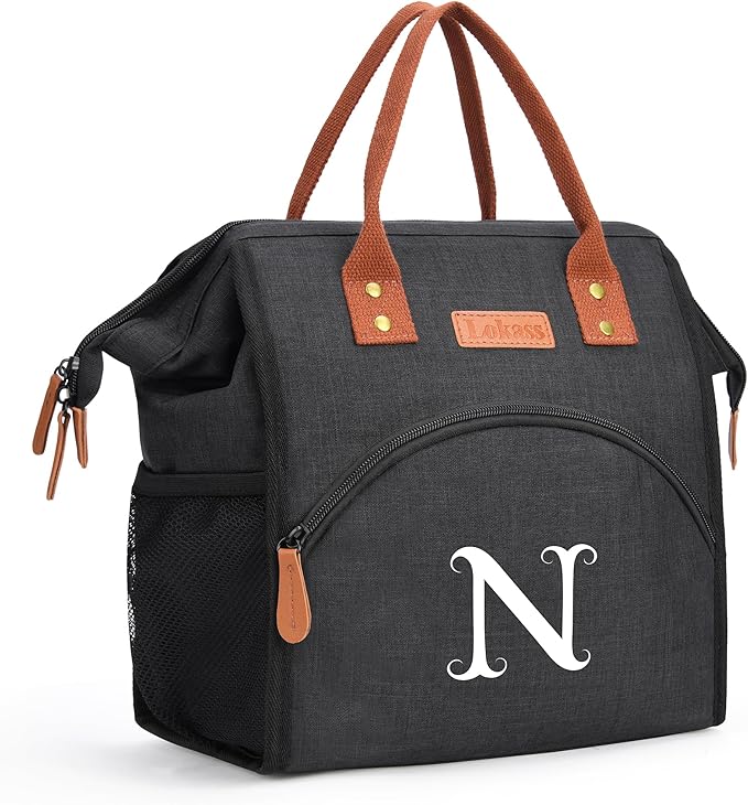 Personalized Lunch Box for Women, Initial Reusable Insulated Lunch Bag, Wide-Open Adult Lunchbox Cooler Lunchbag Snack Organizer, Initial Leakproof Lunch Tote Bag for Picnic Work Outdoors Black - N