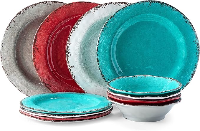 LEHAHA BPA Free Rustic Melamine Plate and Bowl Dinnerware Set Perfect for Indoor Outdoor Dining Party, Camping, 12 Piece Unbreakable Dinnerware Set, Service for 4